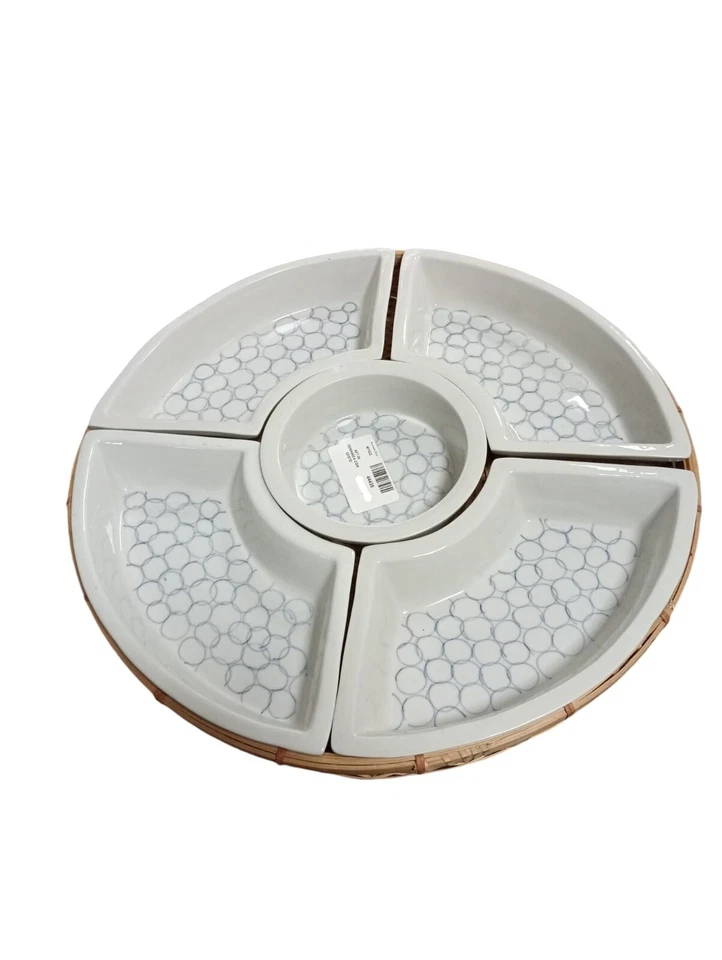 Piatto da Portata Rotondo in Ceramica con Vassoio in Legno/Rattan - Immagine 1 di 1
