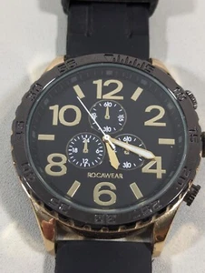 Rocawear Black Dial Round Gold Tone Case Black Silicone Band Watch - Picture 1 of 9