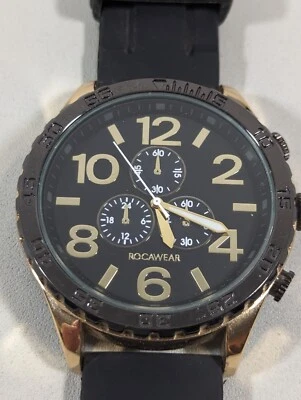 Rocawear Black Dial Round Gold Tone Case Black Silicone Band Watch - Image 1 of 4