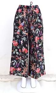 India Black Bird Print Trousers Summer Women Pants Cotton Wide Leg Palazzo Pant - Picture 1 of 3