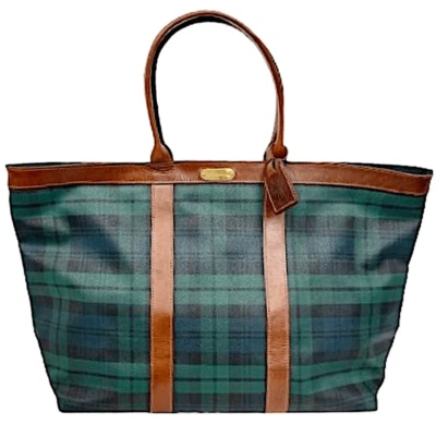 RALPH LAUREN Black Watch Plaid Coated Canvas Brown Leather Top Zip Shoulder Bag - Image 1 of 4