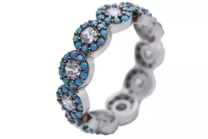 Turkish Handmade Jewelry Round Cut Turquoise Topaz Stone 925 Silver Band Ring - Picture 1 of 7