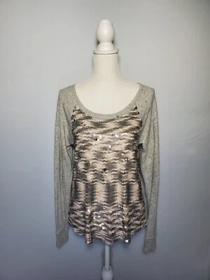 Suéter Pullover Express Gris Reversible Lentejuelas Frontal Para Mujer Talla Pequeña. Foto 1 de 4