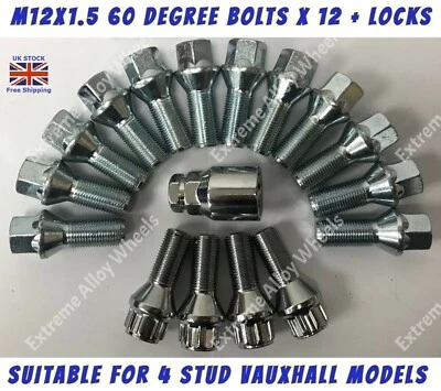 Alloy Wheel Bolts + Locks Fits Vauxhall Adan Astra Corsa M12x1.5 28mm Threads - Image 1 of 4
