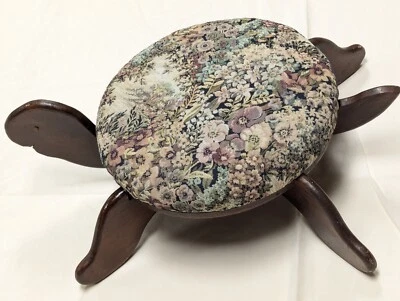 Vtg Turtle Foot Step Stool Large 70s Handmade Wood 27x9x18” Upholstered Tapestry - Image 1 of 4