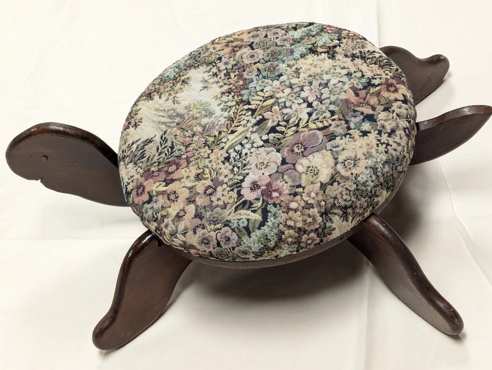 Vtg Turtle Foot Step Stool Large 70s Handmade Wood 27x9x18” Upholstered Tapestry - Image 1 of 4