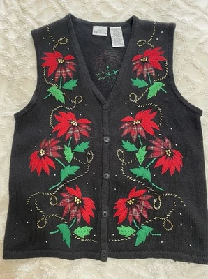 Chaleco de Navidad Bobbie Brooks Mediano Poinsettia Floral Embellecido Tejido Foto 1 de 4