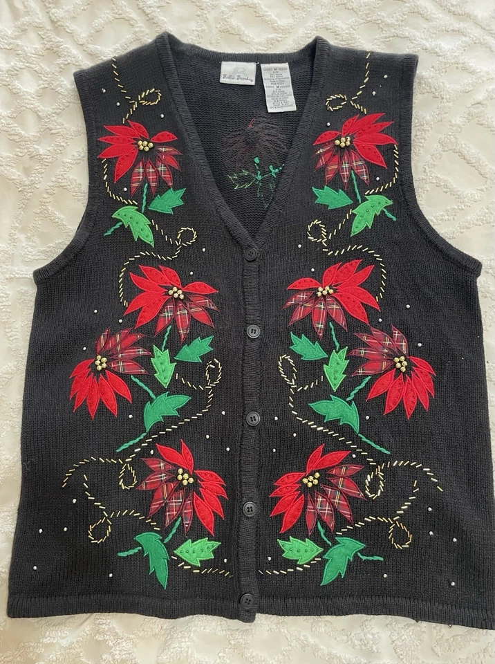 Chaleco de Navidad Bobbie Brooks Mediano Poinsettia Floral Embellecido Tejido Foto 1 de 4