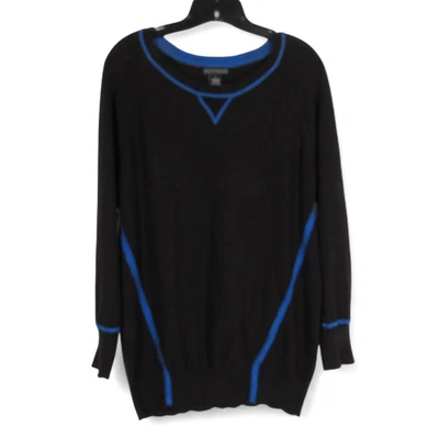 LAUREN HANSEN черный w/синий отделки кашемир смесь ребристый кромки вязаный свитер Sz L - Изображение 1 из 4
