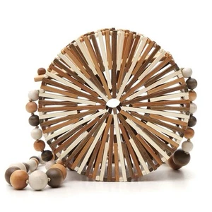 CULT GAIA Luna Bag Round Bamboo Beaded Crossbody Shoulder Strap Brown Cream Box - Bild 1 von 10