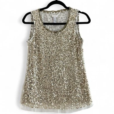 NWT Chico's Glistening Gold Tank Cheetah Animal Print Sequin Mesh Ivory Top Sz 0 - Image 1 of 4