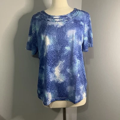 Blusa Top Para Mujer Alfred Dunner L Azul Burn Out Estampado Animal Manga Corta Foto 1 de 4