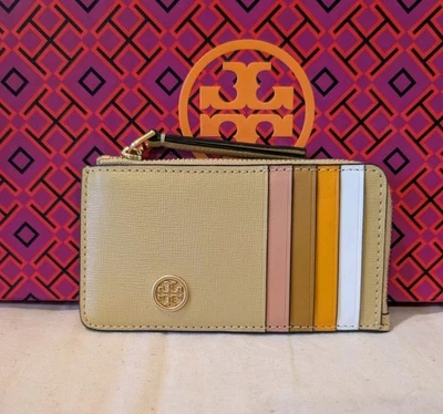 Mini billetera Tory Burch Robinson color bloque cremallera superior tarjeta cera de abejas amarilla Foto 1 de 4