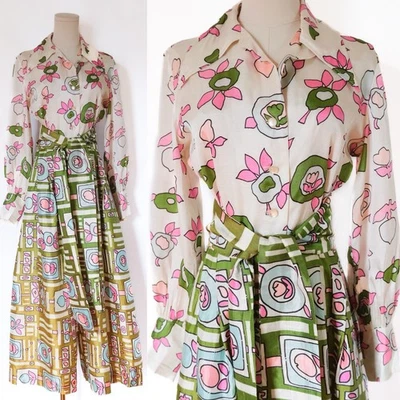 1970s 70s Rare Colorful SILK Tulip Floral Palazzo Pant Long Sleeve Jumpsuit SM - Photo 1/4
