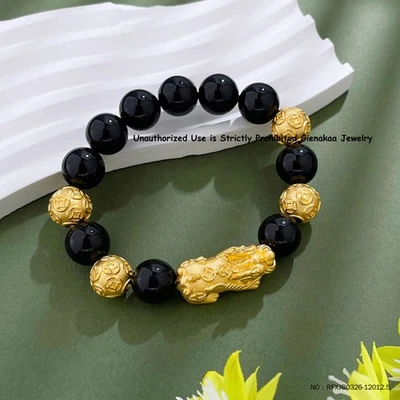 Brazalete de cuentas de bola de monedas Pixiu de riqueza tallada de oro amarillo puro 999 de 24 quilates para hombre 8,5 g Foto 1 de 3