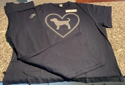 NEW XXL VS PINK NOIR NAVY PEARL DOG SHORTSLEEVE TSHIRT & FOLD OVER FLARE LEGGING - Image 1 of 4