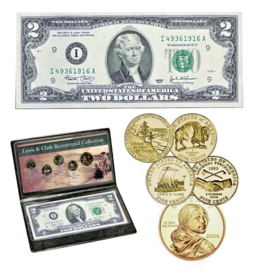 2005 D LEWIS CLARK 5 COIN GOLD PLATED SET AND 2003 $2 NOTE Collectible GIFT IDEA - Image 1 of 1