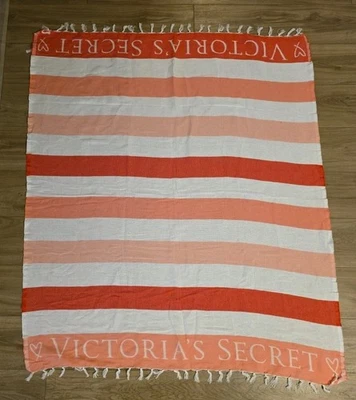 Victoria's Secret Pink White Stripe Fringed Beach Blanket 100% Cotton 57"x49.5" - Image 1 of 4