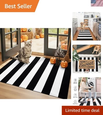Alfombra Interior Exterior Negro Blanco Rayas Algodón Lavable Entrada Porche Decoración Foto 1 de 4