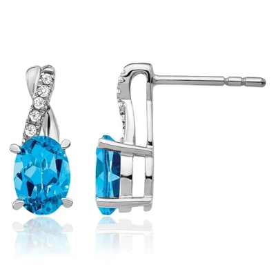 14K Solid White Gold Swiss Blue Topaz Diamond Dangle Earrings - Image 1 of 4
