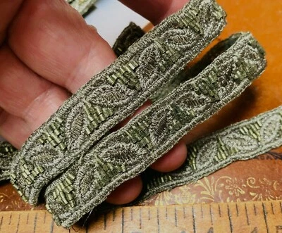 embroidered leaves glass beads trim 5/8" hand sewn green tea 1yd - Image 1 of 4
