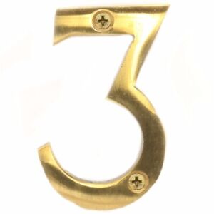 SOLID POLISHED BRASS NUMBER+SCREWS '3' (Three) 50mm House Porch/Gate Front Door