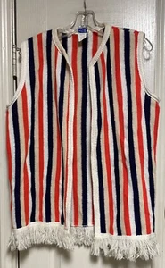 Fab 60s/70s 100% Acrylic Fiber Red White Blue & Beige Striped L Fringed Vest - Picture 1 of 13