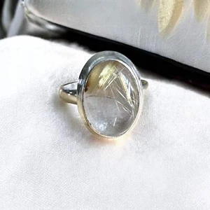 Anillo de plata de ley 925 maciza de cuarzo rutilado de oro 8 - Imagen 1 de 5