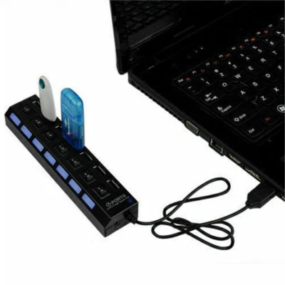 Hub 7 Porte Multipresa Ciabatta Hub 4 Usb 2.0 Tasti LED Blu Presa Muro 5V 220 - Immagine 1 di 4