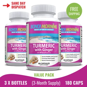 Turmeric Curcumin Capsules, Ginger Root Extract & Black Pepper - 3 x 60 Caps - Picture 1 of 8