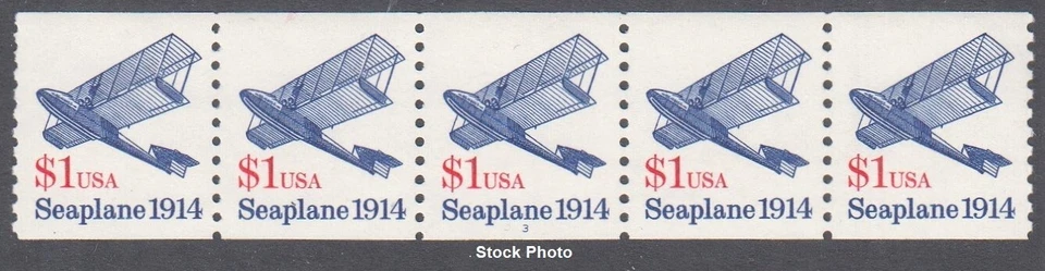US Postage 1993 - PNC Strip of 5 - Plate #3, Seaplane $1.00 Coil, Sc 2468b, MNH - Image 1 of 1