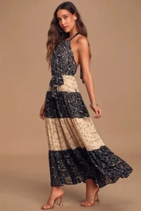 Lulus Mixed Message Black and Beige Floral Print Halter Maxi Dress - Picture 1 of 9