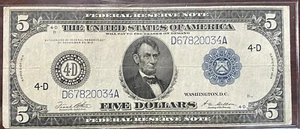 1913 $5 Blue Seal Federal Reserve Note Cleveland, Ohio Featuring Lincoln - Picture 1 of 6