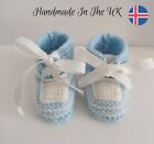 New Baby Knitted Booties/Shoe Blue Wht Super Cute 💕READY GIFT WRAPPED 0-3 Mths 