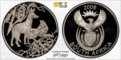South Africa 2006 20 Cent Silver Black Backed Jackal Coin - PCGS PR70DCAM - Image 1 of 4