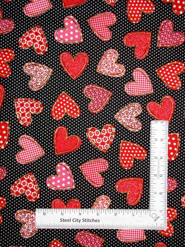Valentine's Day Fabric Hearts Dots Gold Glitter Cotton Fabric Traditions Yard - Image 1 of 1