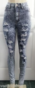 Ultra High rise waist acid wash destroyed ripped rips premium pants jeans G650H - Picture 1 of 4