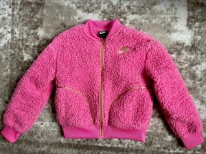 Nike Girls Full Zip Sherpa Bomber Jacket Candy Pink Rose Gold Size M - Picture 1 of 13