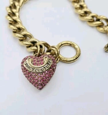 Juicy Couture Charm Bracelet Puffer Heart  Gold Tone Pink Crystal Dangle PAVE — 第 1/4 张图片