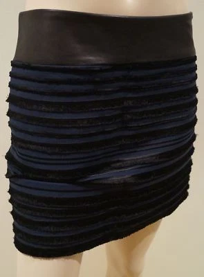 RAG & BONE Midnight Blue Black Velvet Fringe Ribbed Leather Waist Mini Skirt M - Image 1 of 4