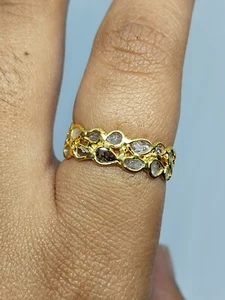 925 Sterling Silver Gold Plated Diamond Ring- Natural Polki Diamond Double Band - Picture 1 of 10