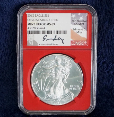 2012 Silver Eagle 1oz Dollar NGC MINT ERROR MS69 UC Moy Hand Signed STRUCK THRU Cover