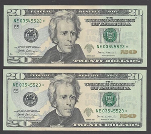 TWO $20 STAR FEDERAL RESERVE NOTES 2017 RICHMOND (NE03545522*, 03545523*), UNC  - Picture 1 of 2