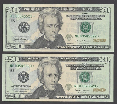 TWO $20 STAR FEDERAL RESERVE NOTES 2017 RICHMOND (NE03545522*, 03545523*), UNC  - Image 1 of 2