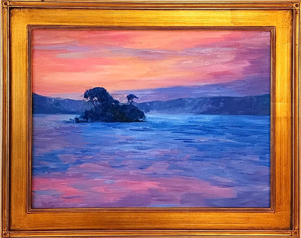 Pintura al óleo original de paisaje del suroeste americano puesta de sol en marco de hoja de oro Foto 1 de 4