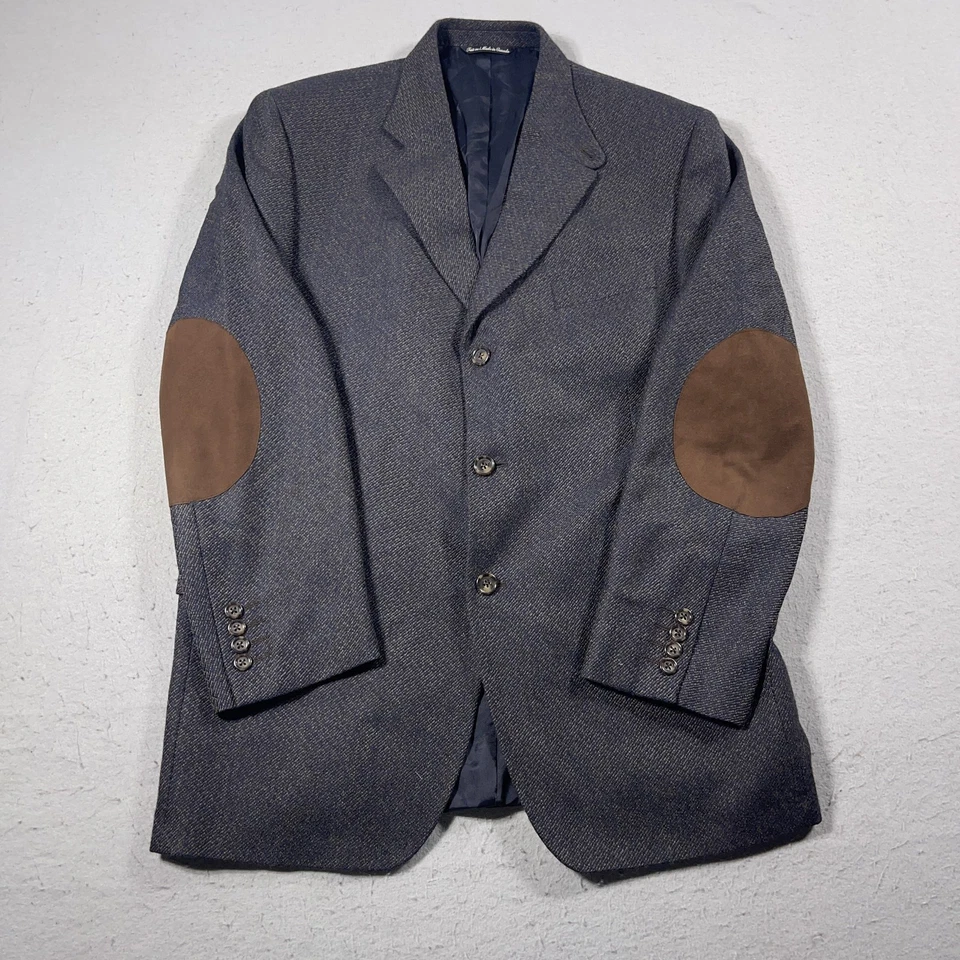 Jack Victor Blazer Mens 42 Blue Wool Elbow Patch Sport Coat Herringbone Jacket - Image 1 of 4