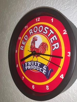 Letrero de reloj publicitario de gallo rojo para productos de frutas tienda de comestibles cocina comedor Foto 1 de 3