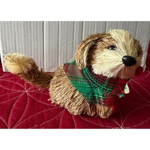 Estatuilla rústica de perro de paja tartán bufanda a cuadros decoración festiva de vacaciones pequeña - Imagen 1 de 7