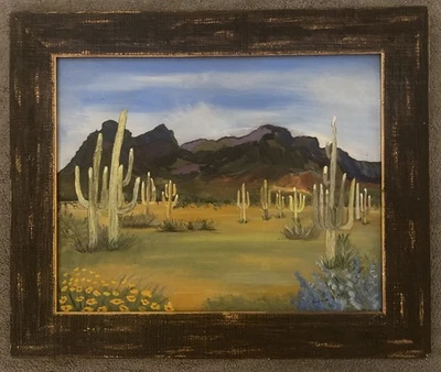 Pintura al óleo original paisaje del desierto del suroeste 21” X 25” cactus enmarcado Foto 1 de 4