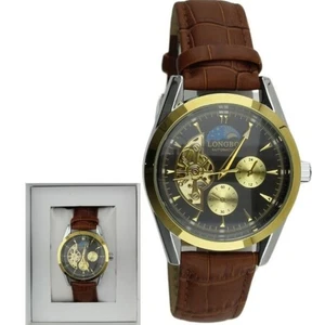 Longbo Men's Automatic Watch with Leather Strap - Brown/Gold - Picture 1 of 4